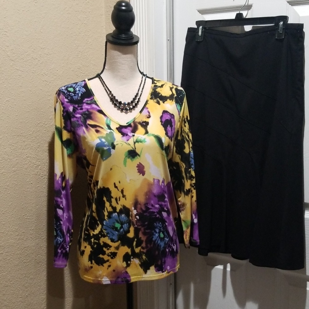 TanJay Womens Yellow Purple Floral V-Neck Long‎ Sleeve Blouse Top Size Medium